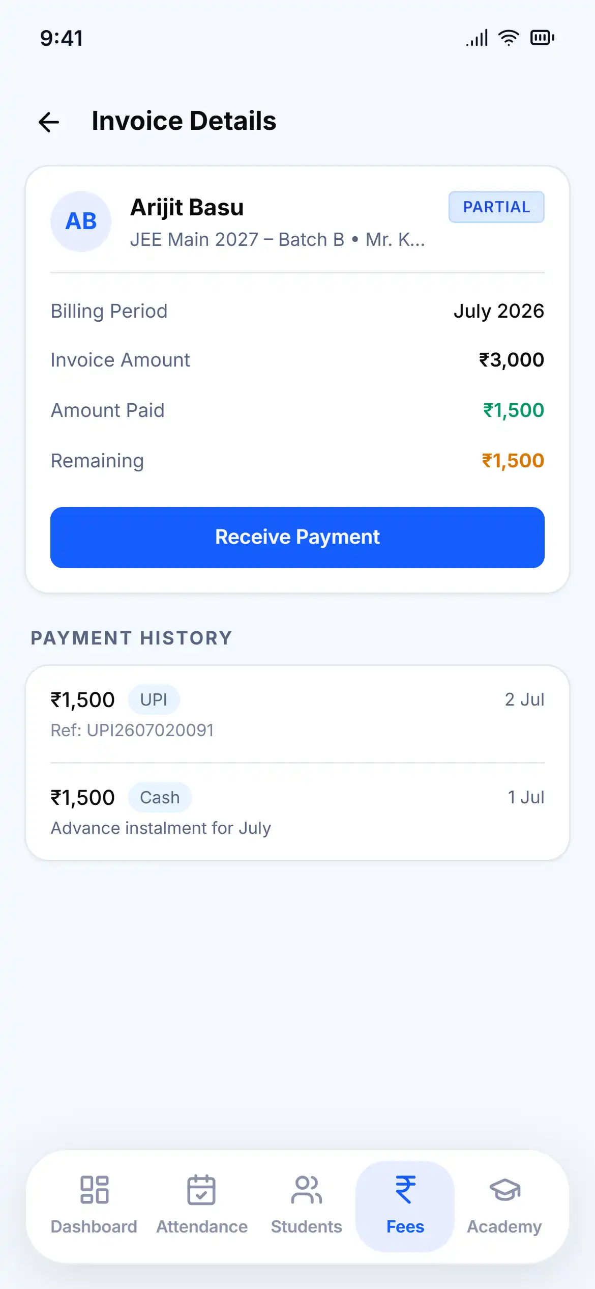 Digital fee receipt generated by GuruDesk